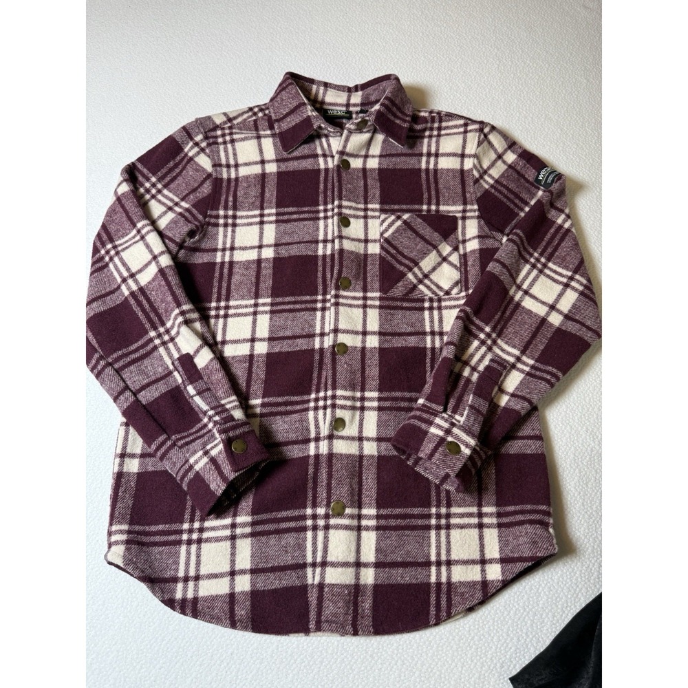 WESC Oden Plaid Flannel Shirt Unisex Burgundy Cream Long Sleeve Snap Button S/M